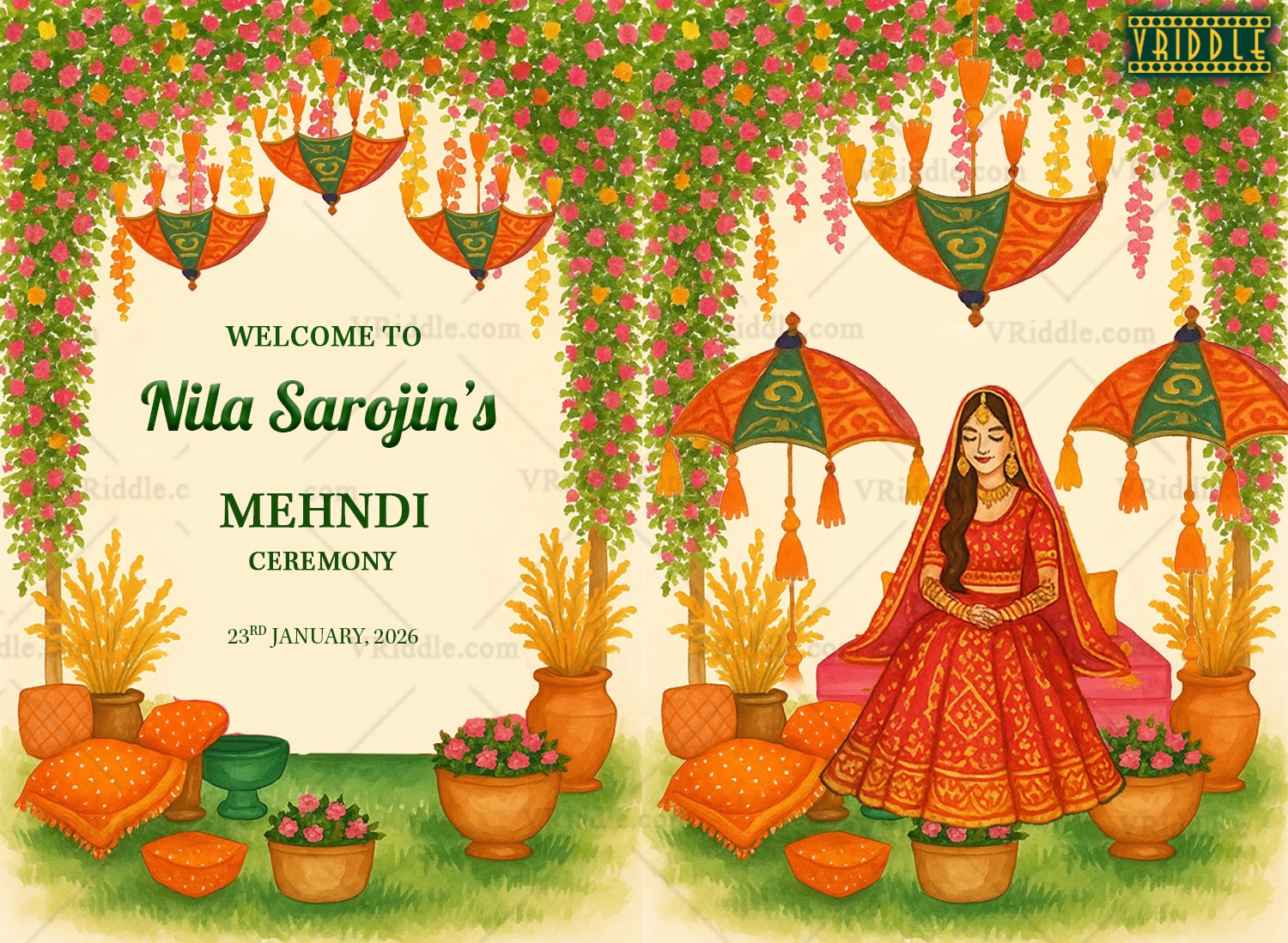 Traditional Mehndi Ceremony Welcome Sign Bord with Floral Arches, Colorful Umbrellas and Bride
