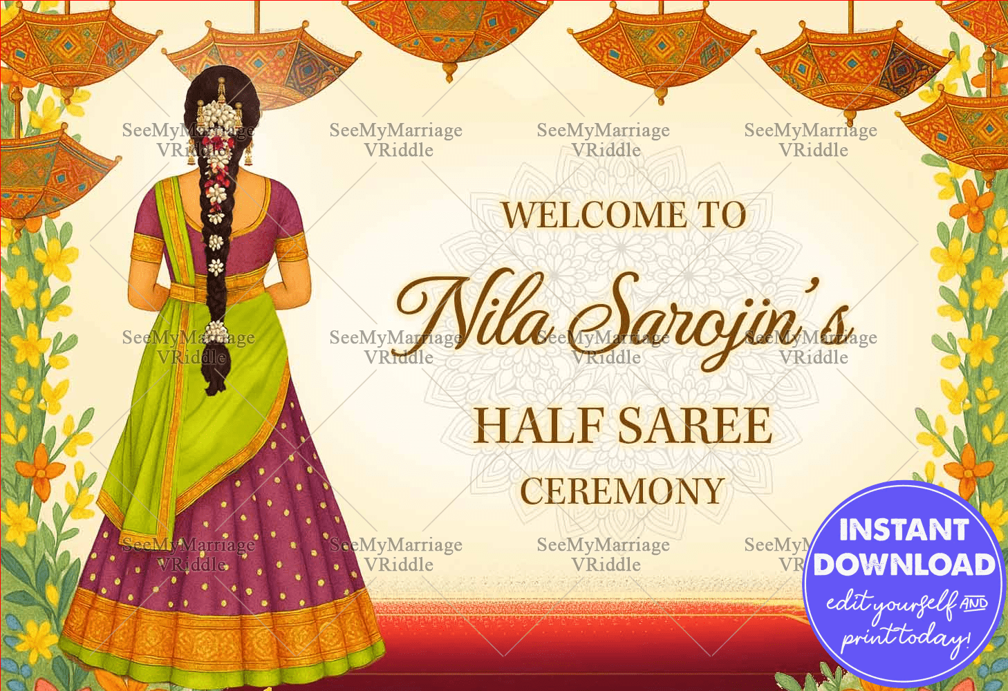 Traditional Welcome Sign Board for Half Saree Ceremony – Girl in Bright Lehenga with Floral Décor & Umbrella Motif