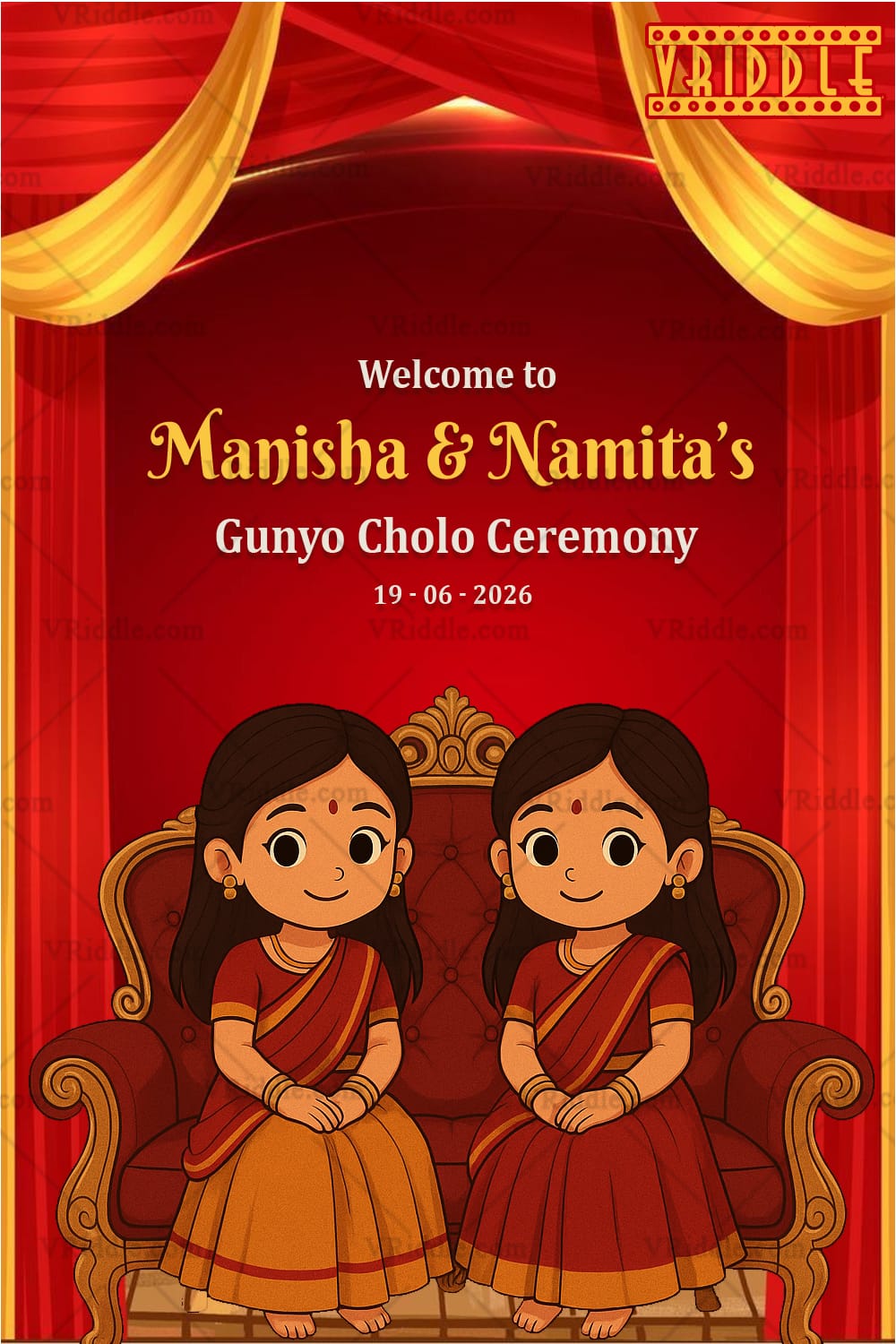 Twin Sister in Sari Gunyo Cholo Ceremony Welcome Sign Board with Red Theme and Royal Sofa