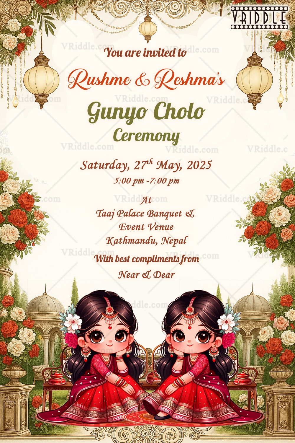 Twin Sisters’ Gunyo Cholo Ceremony Invitation Nepali Traditional Theme with Cute Girl Illustrations