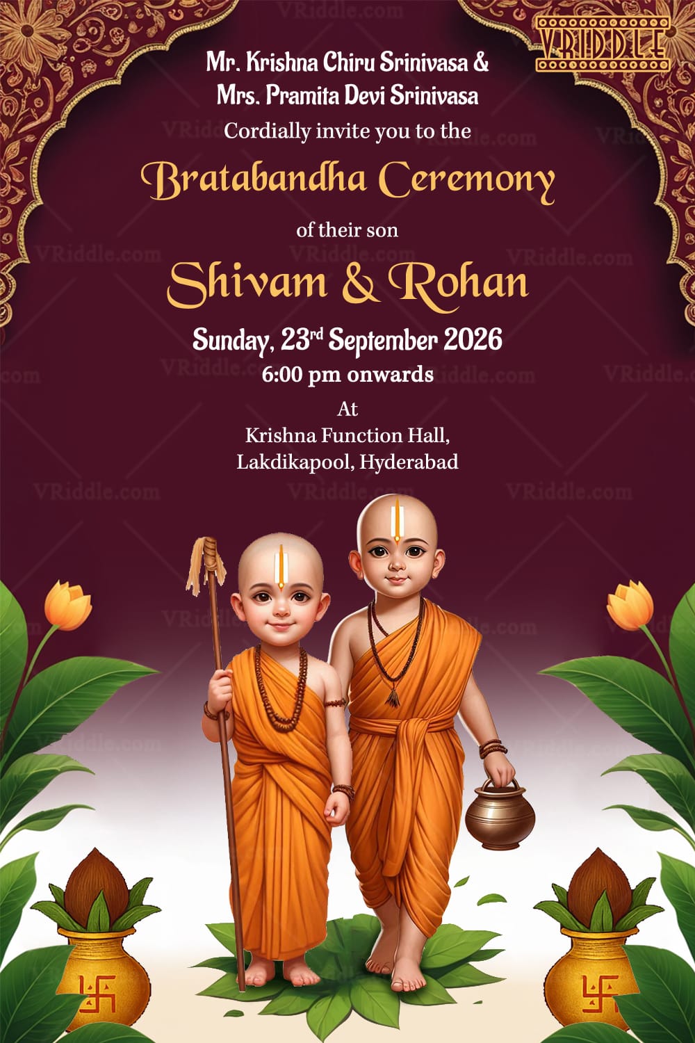 Twins Brothers Nepali Bratabandha Ceremony with Maroon Theme and kamandalu, danda
