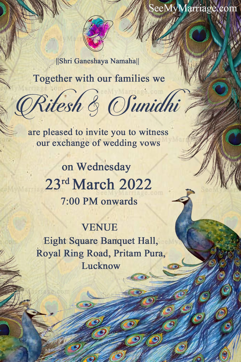 Vintage Peacock Theme Wedding Invitation Card with Feather Motif and Traditional Indian Design