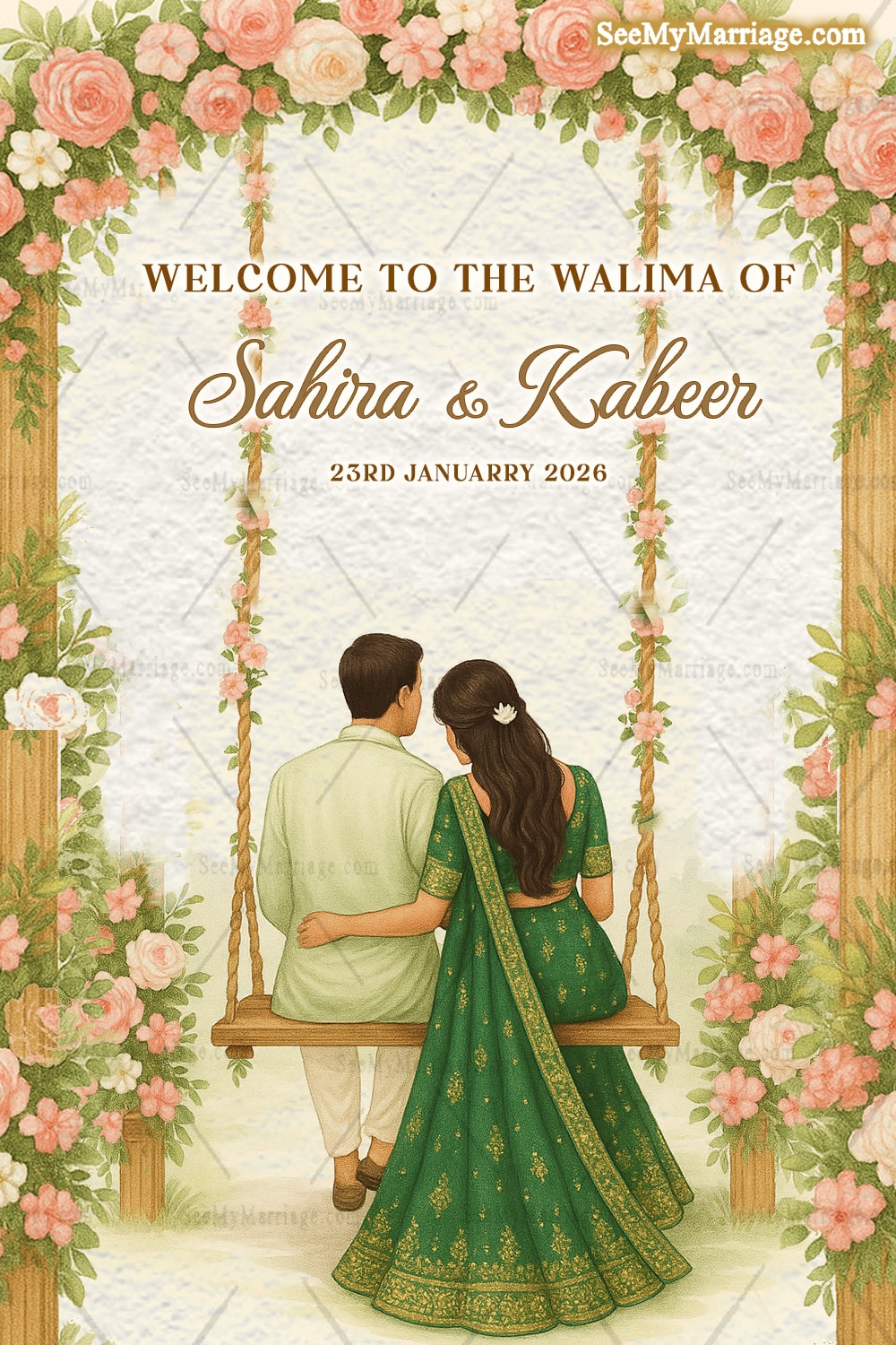 Walima Welcome Banner with Couple Illustration on Swing Soft Floral blush pink