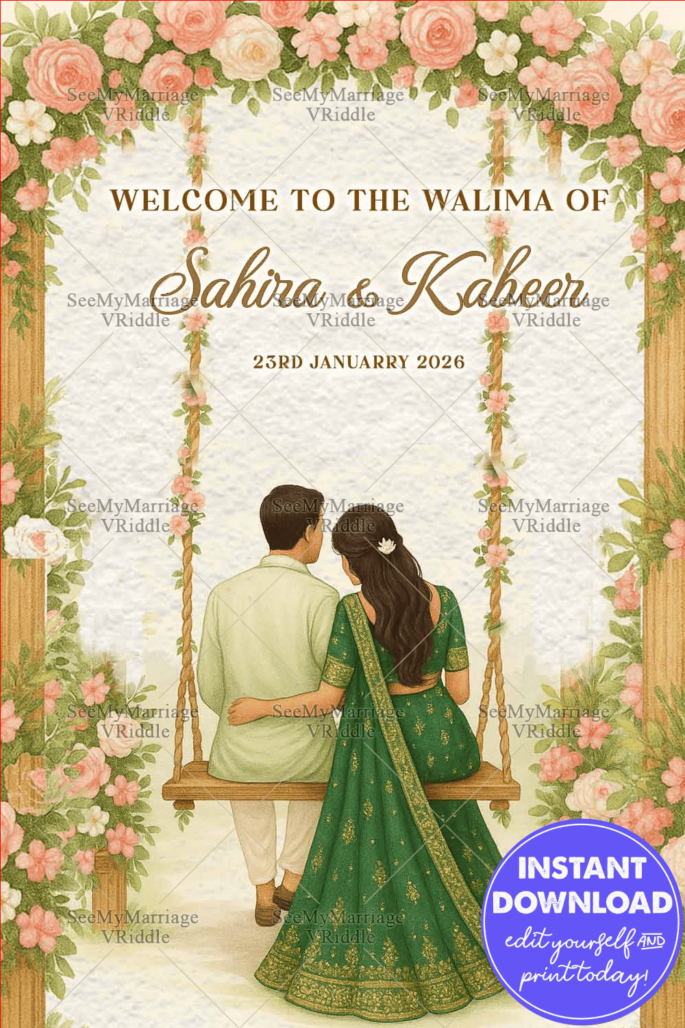 Walima Welcome Banner with Couple Illustration on Swing Soft Floral blush pink