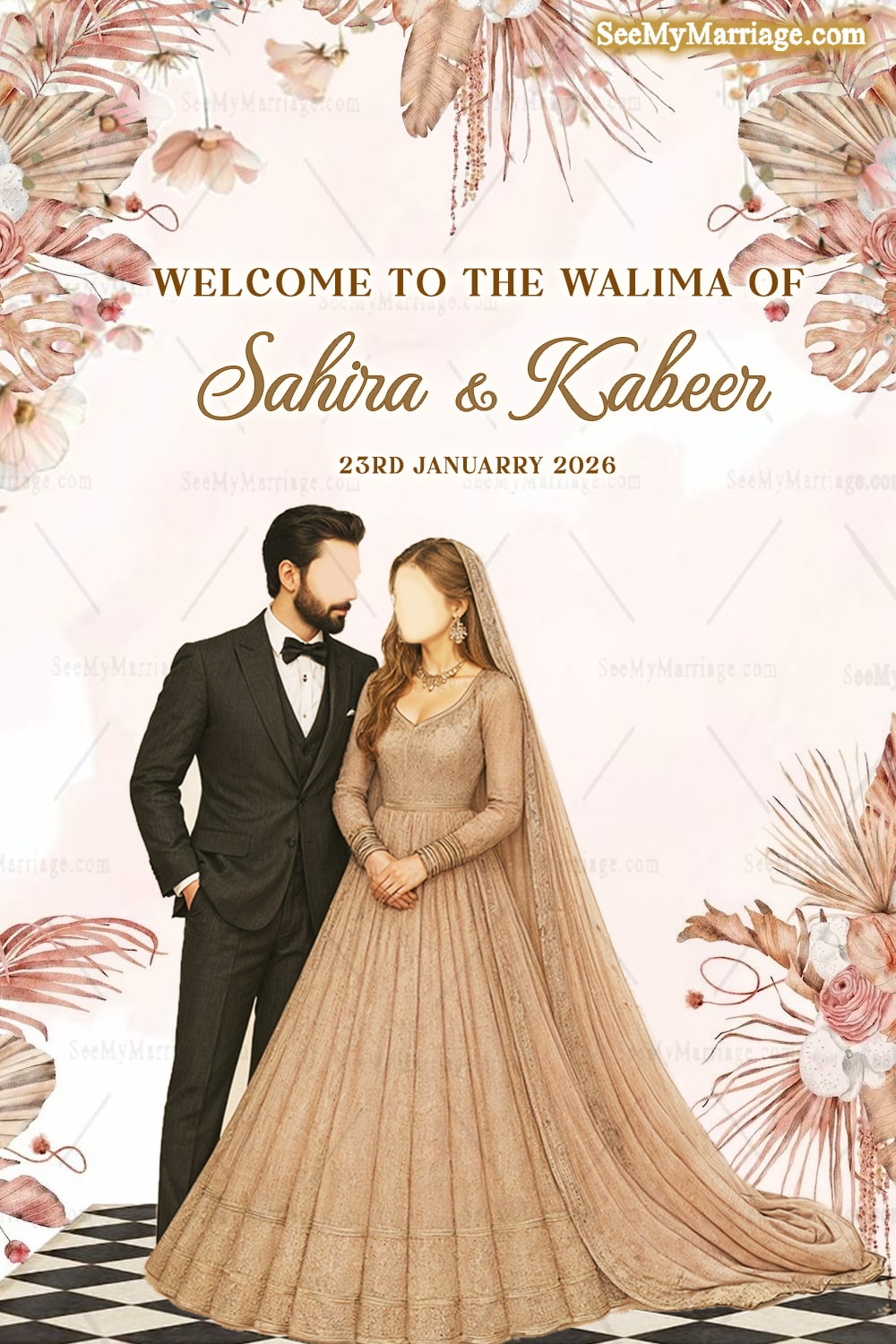 Walima Welcome Sign Board Featuring Elegant Beige Couple Illustration & Soft Boho Florals