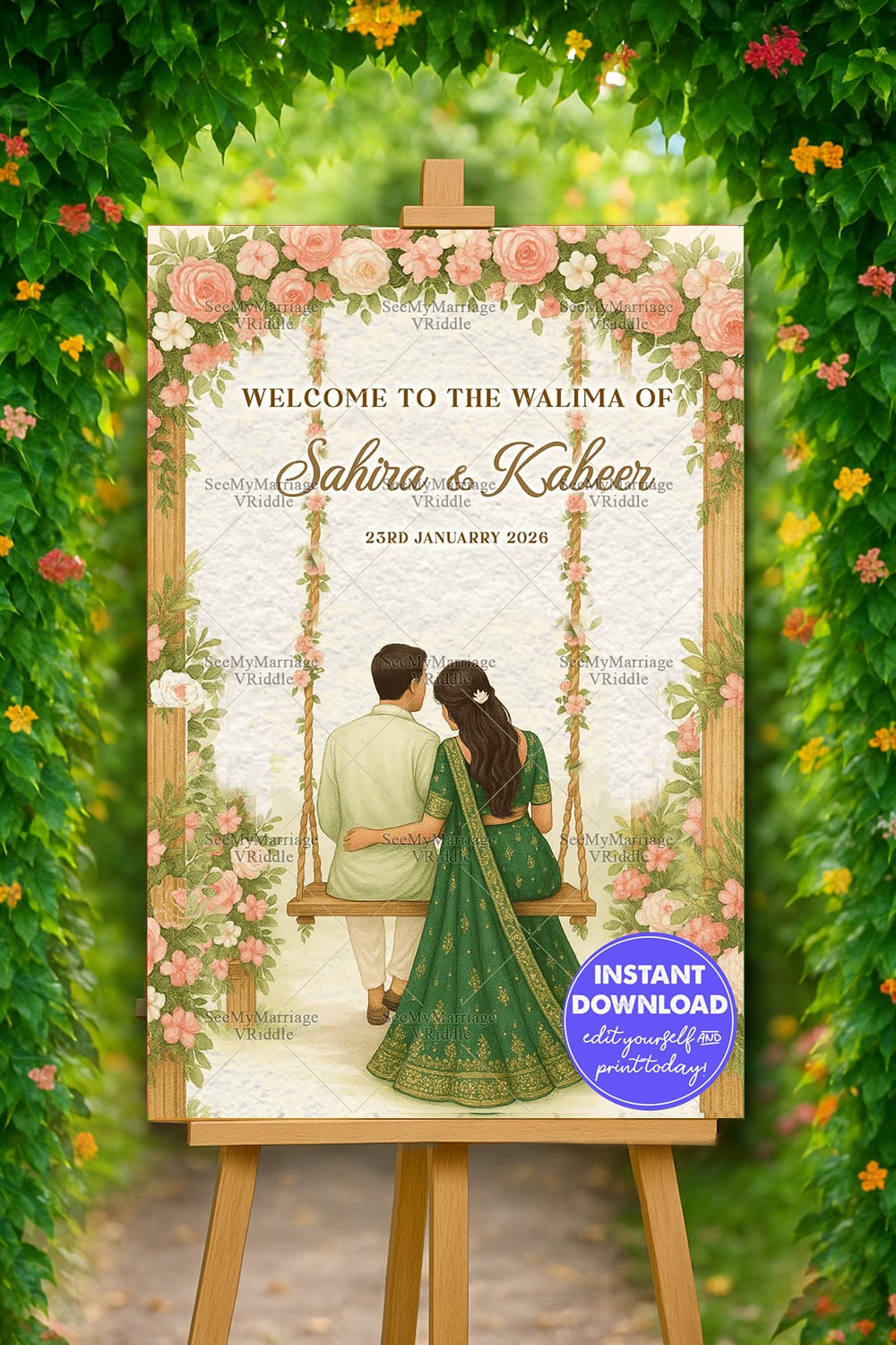 Walima Welcome Sign Bord with Couple Illustration on Swing Soft Floral blush pink