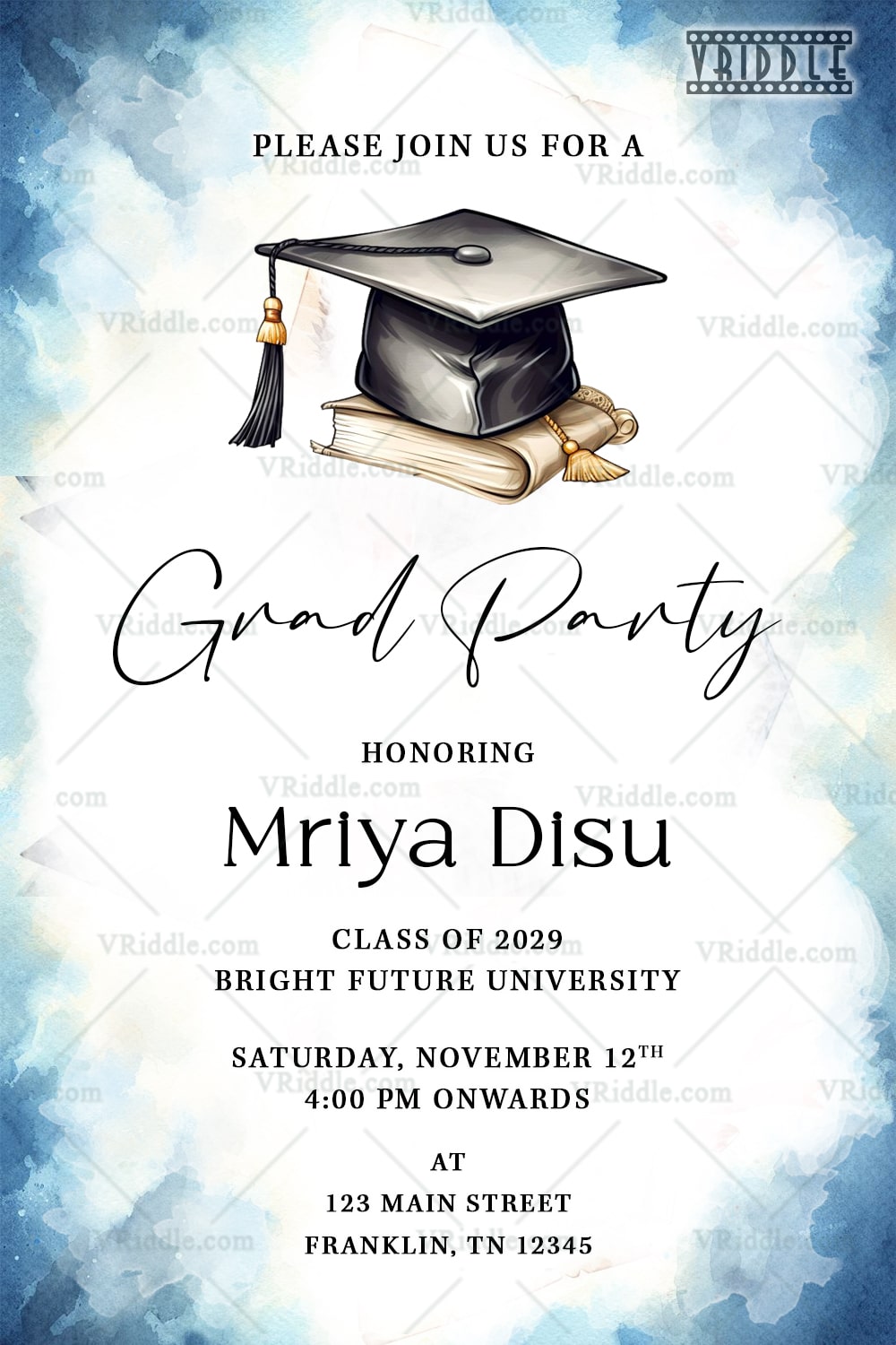 Watercolor Blue Graduation Party Invitation with Graduation Cap Illustration in White BG