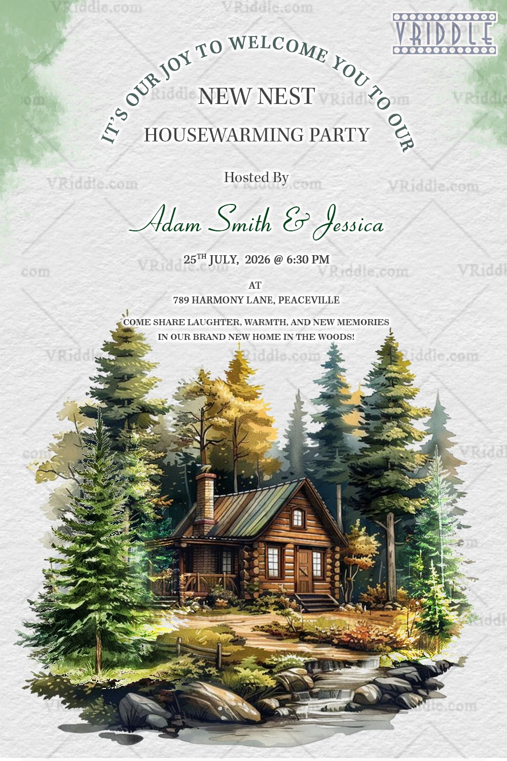 Watercolour Cozy Cabin Housewarming Party Invitation Card with Dreamy Woodland Nest