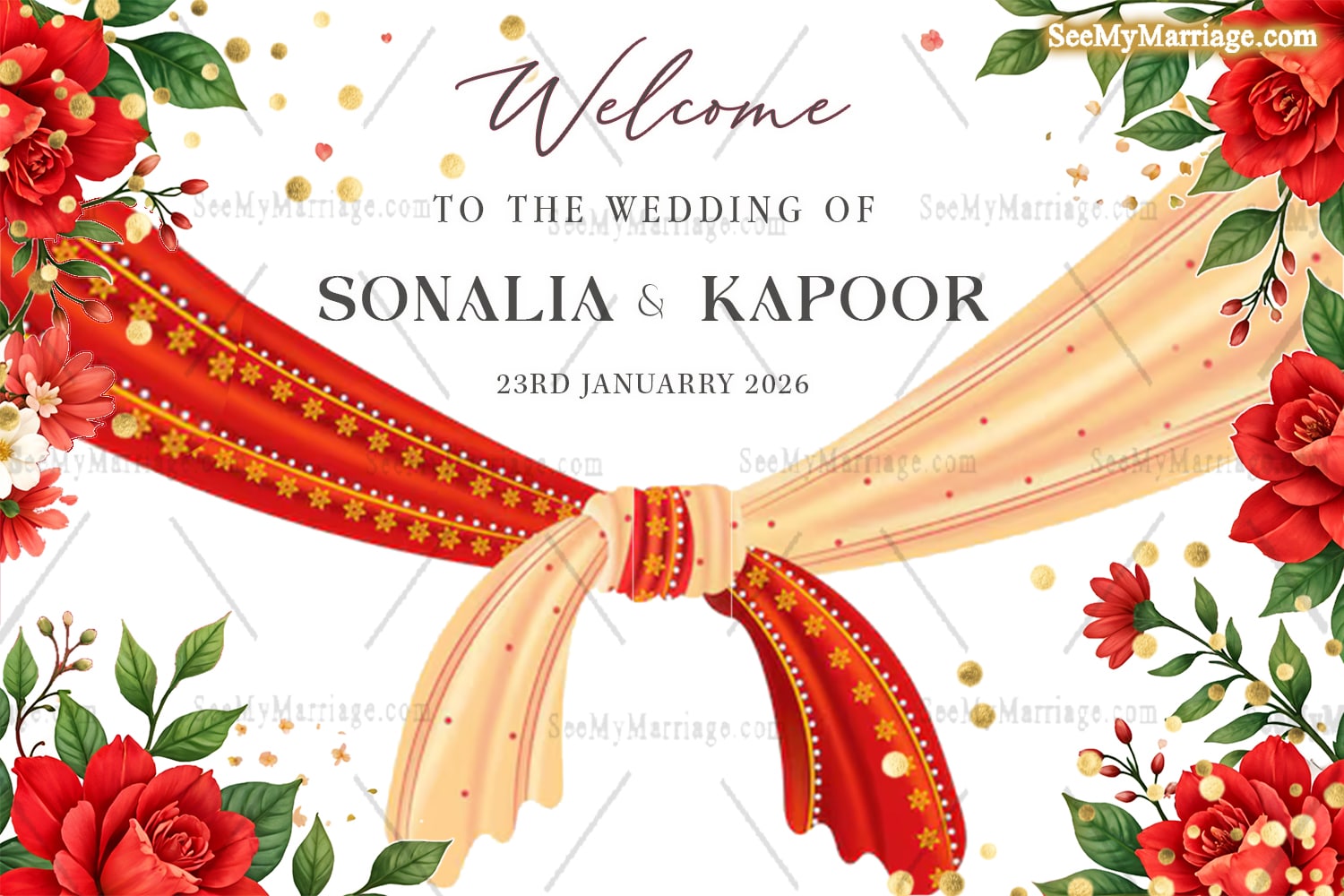 Welcome Banner with Saree Knot Design in Traditional Red-Gold and Floral Accents