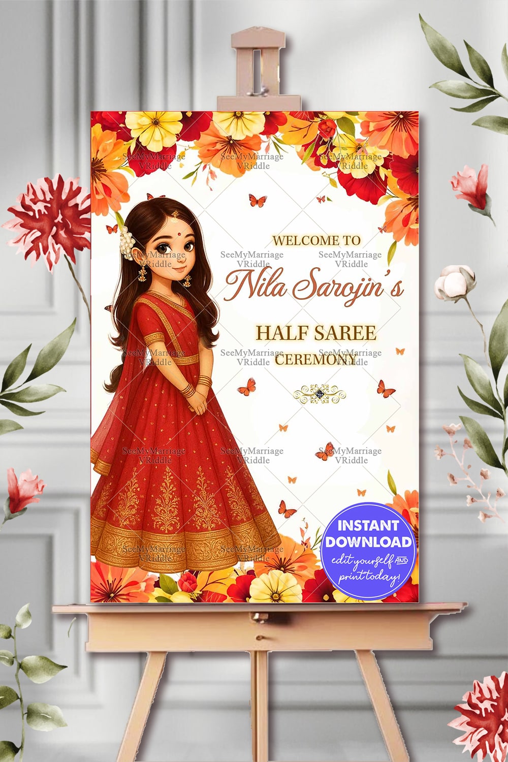 Floral Welcome Board Design for Half Saree Ceremony – Adorable Girl Illustration in Red Theme