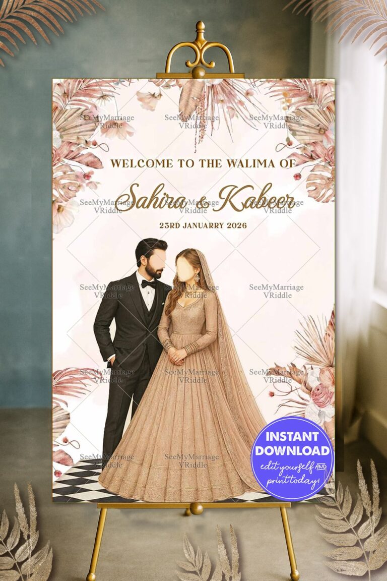 Walima Welcome Sign Board Featuring Elegant Beige Couple Illustration & Soft Boho Florals