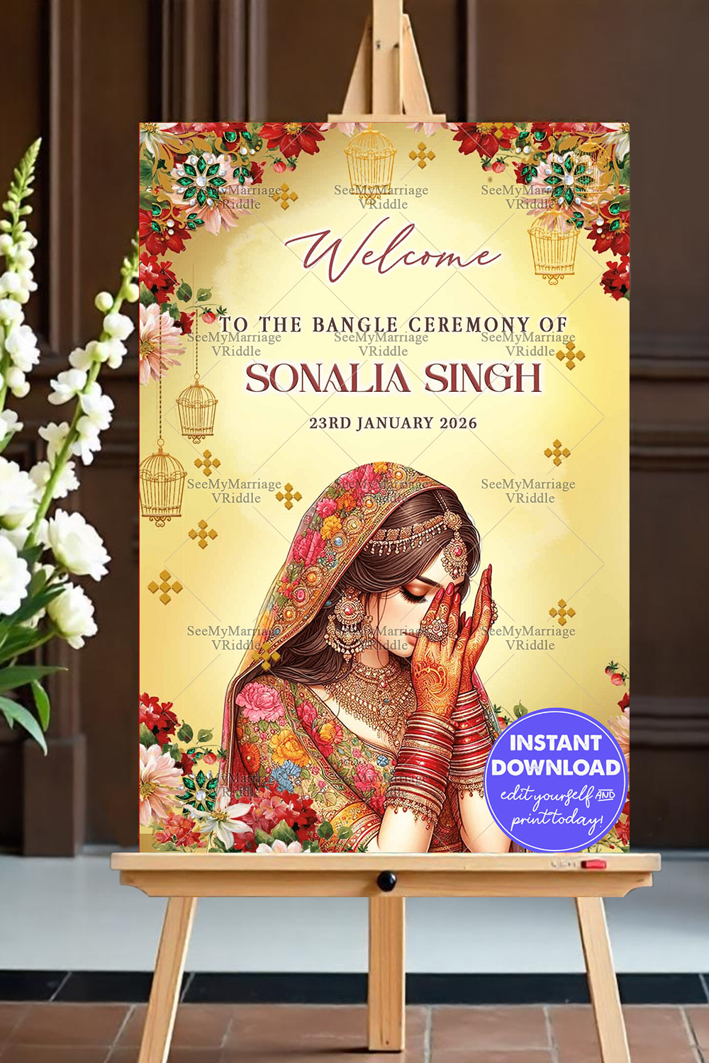 Bangle Ceremony Welcome Sign Board Celebration with Bride Illustration in Golden and Red Floral Theme