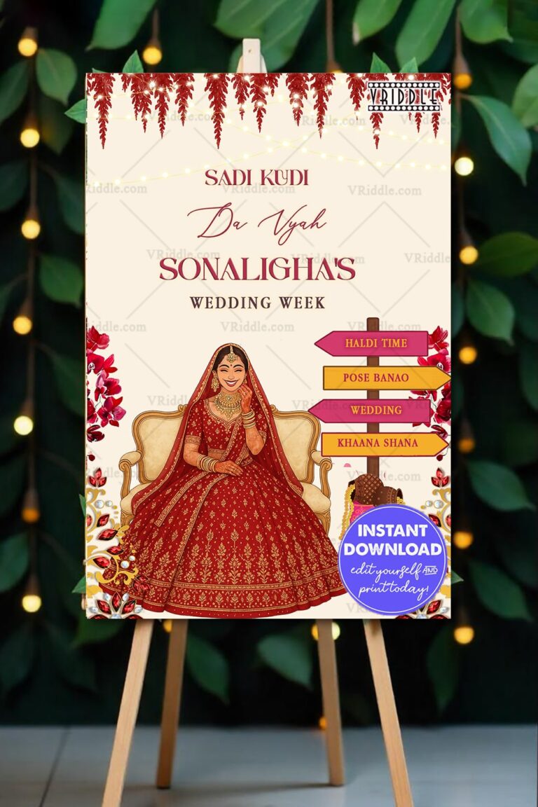 Punjabi Wedding Week Welcome Sign Board Bride Illustration with Event Details in Cream Background
