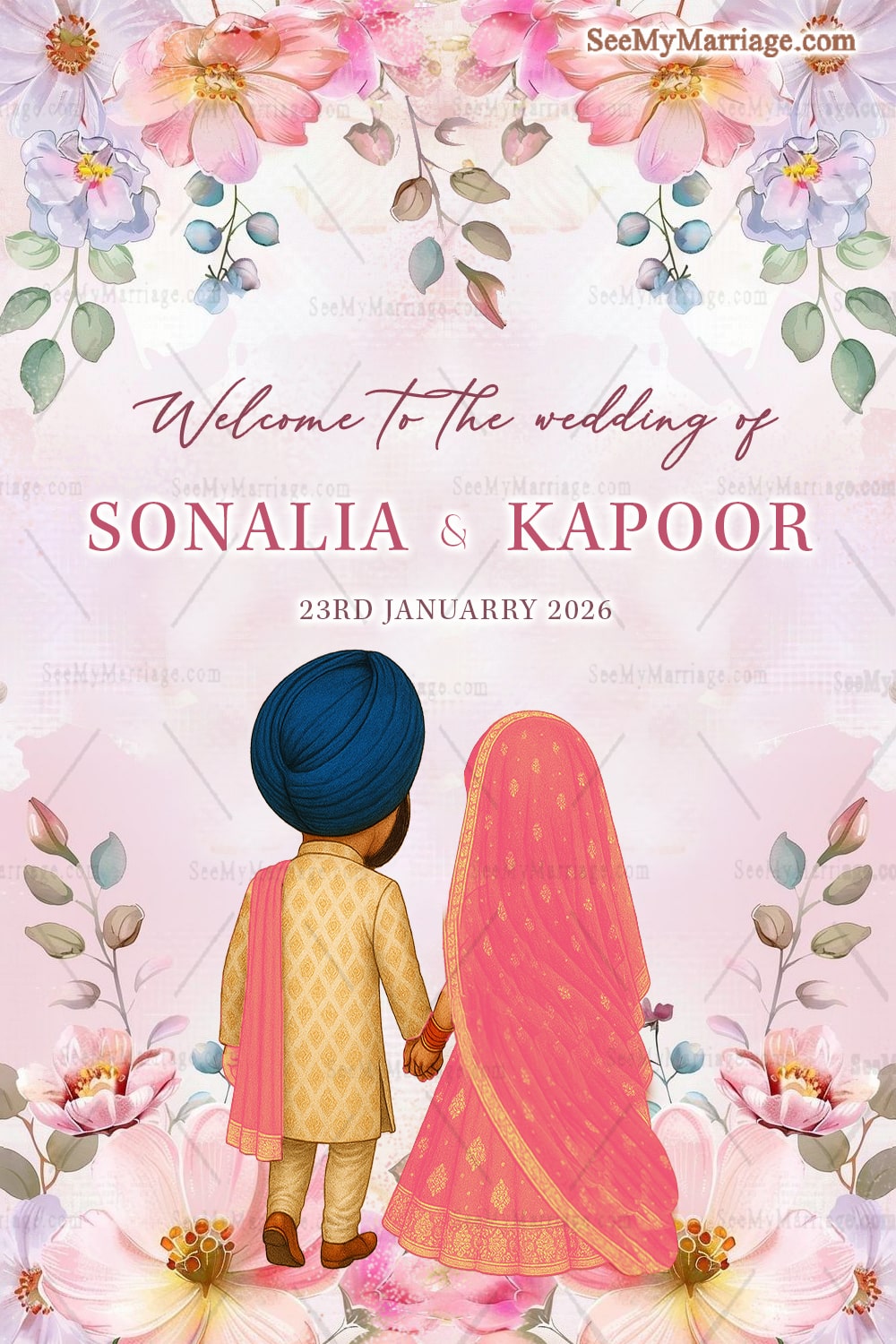 Welcome Banner with Traditional Punjabi Couple Illustration in Pastel Floral Theme