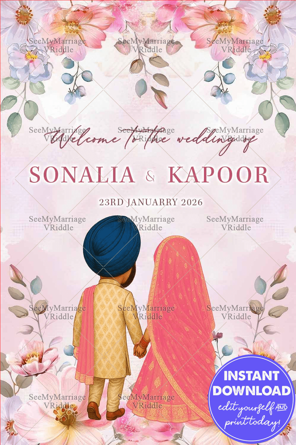 Welcome Banner with Traditional Punjabi Couple Illustration in Pastel Floral Theme
