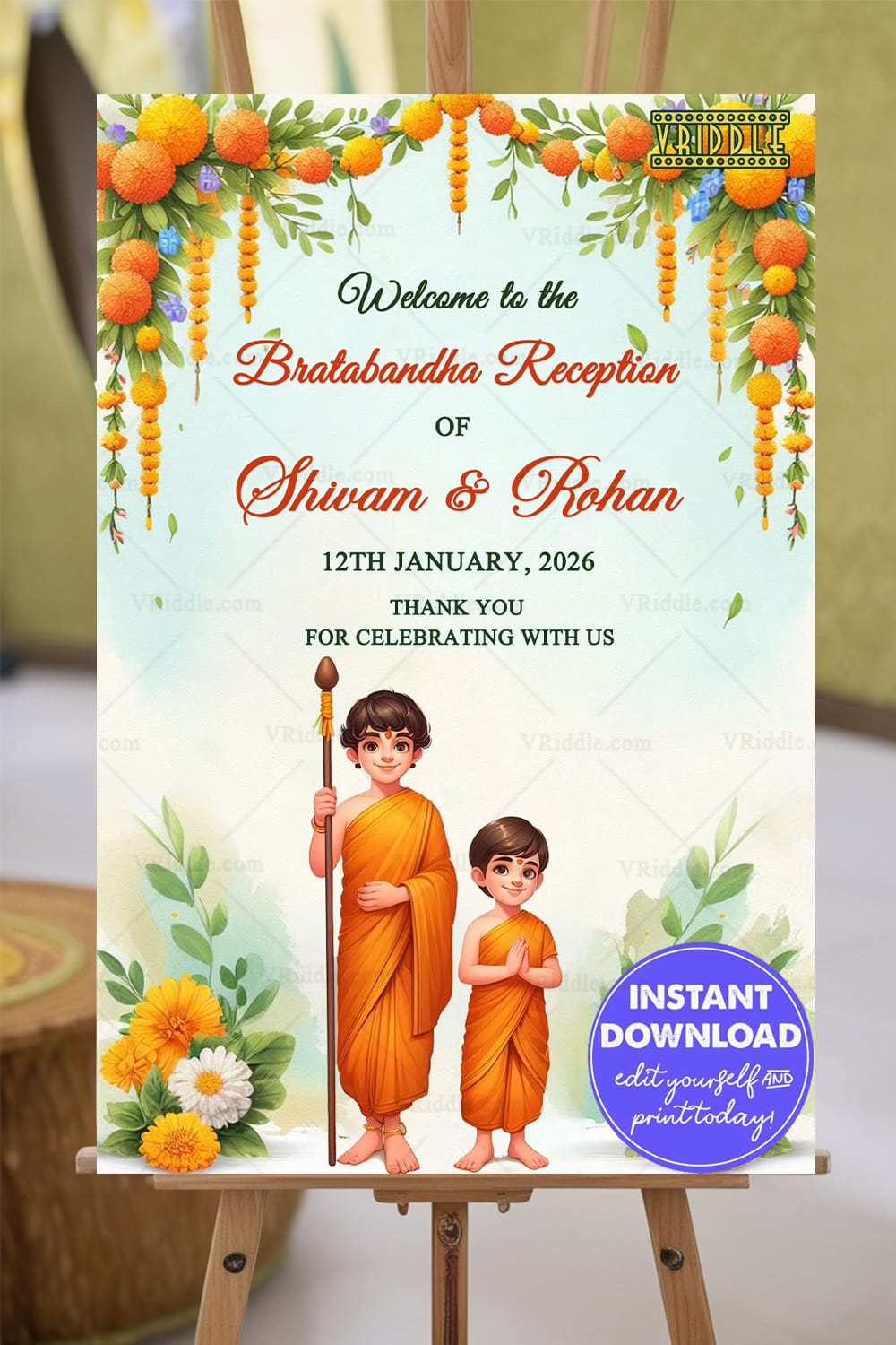 Welcome Sign Board for Bratabandha Reception Card with Illustrated Siblings in Traditional Attire