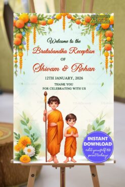 Welcome Sign Board for Bratabandha Reception Card with Illustrated Siblings in Traditional Attire