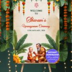 Welcome Sign Board for Upanayanam with Guru-Boy Ritual Illustration and Vedic Elements