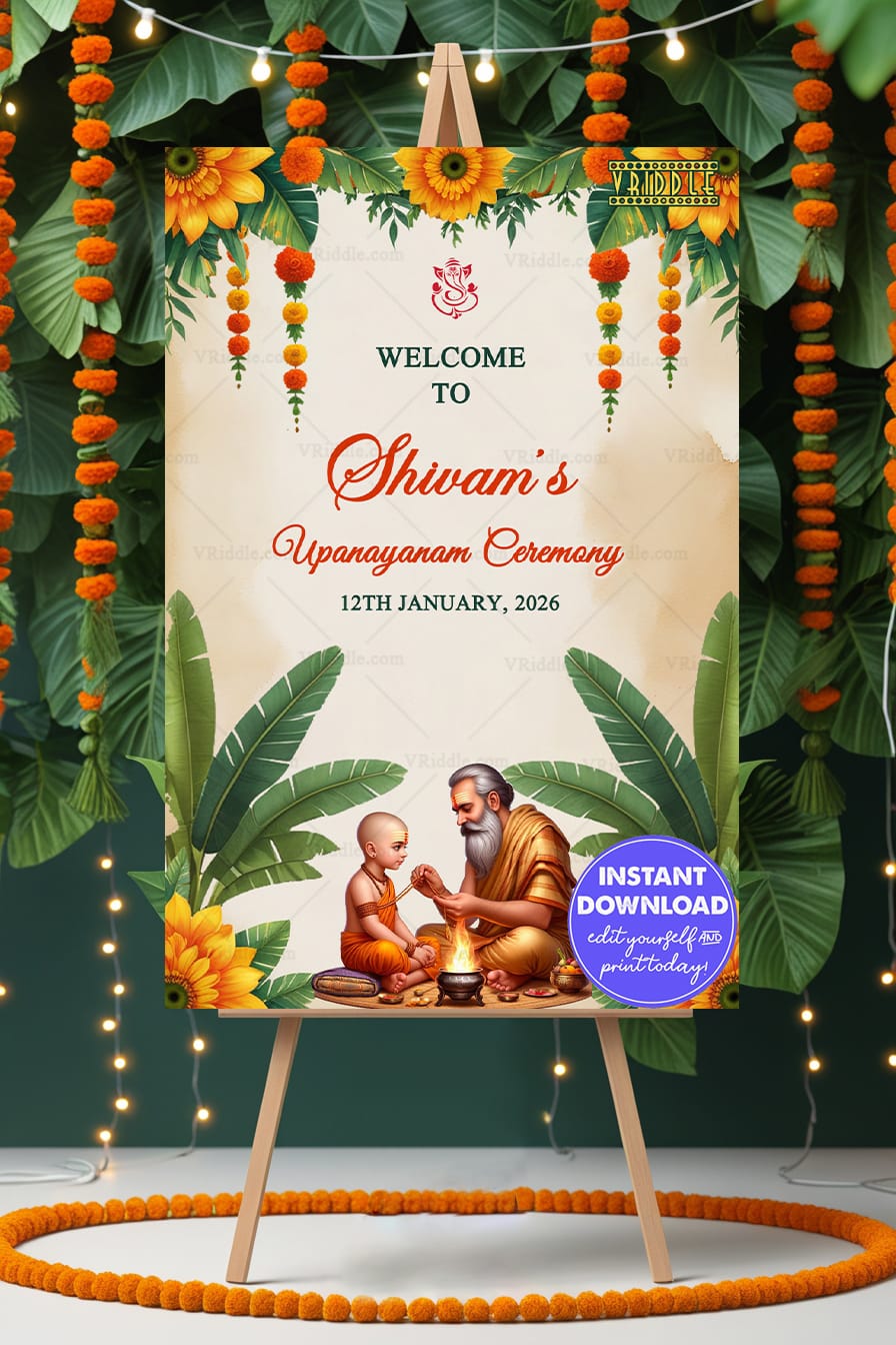 Welcome Sign Board for Upanayanam with Guru-Boy Ritual Illustration and Vedic Elements