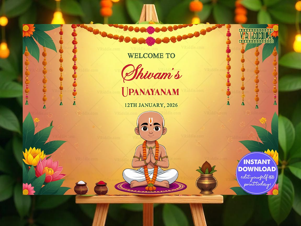 Marigold Decor Upanayanam Welcome Sign Board with Boy Illustration, Peaceful Background and Lotus Design