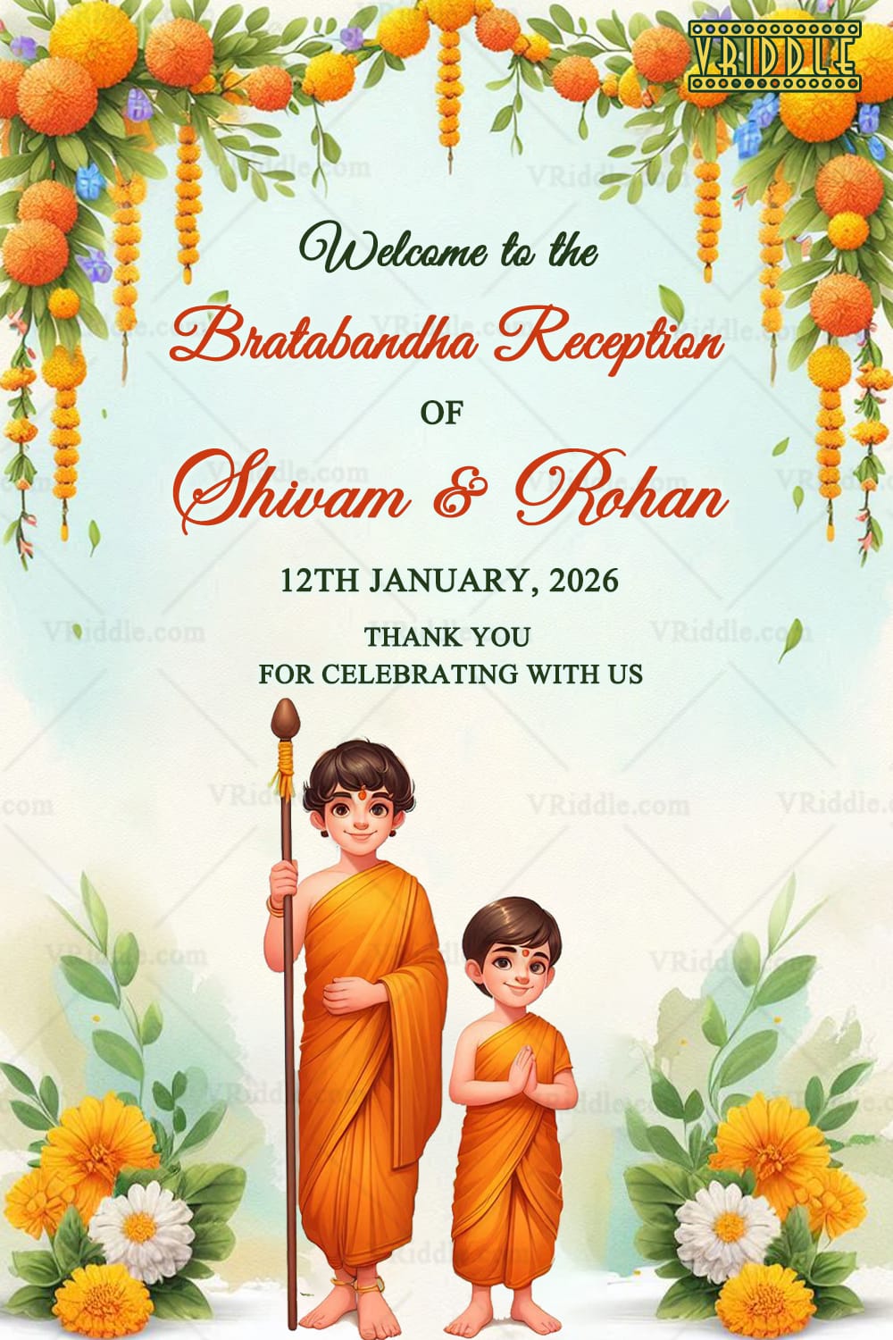 Welcome Sign Board for Bratabandha Reception Card with Illustrated Siblings in Traditional Attire