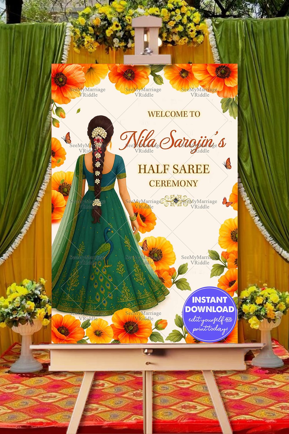 Welcome Sign Board for Half Saree Ceremony – Featuring Traditional Girl, Orange Florals & Peacock Motif
