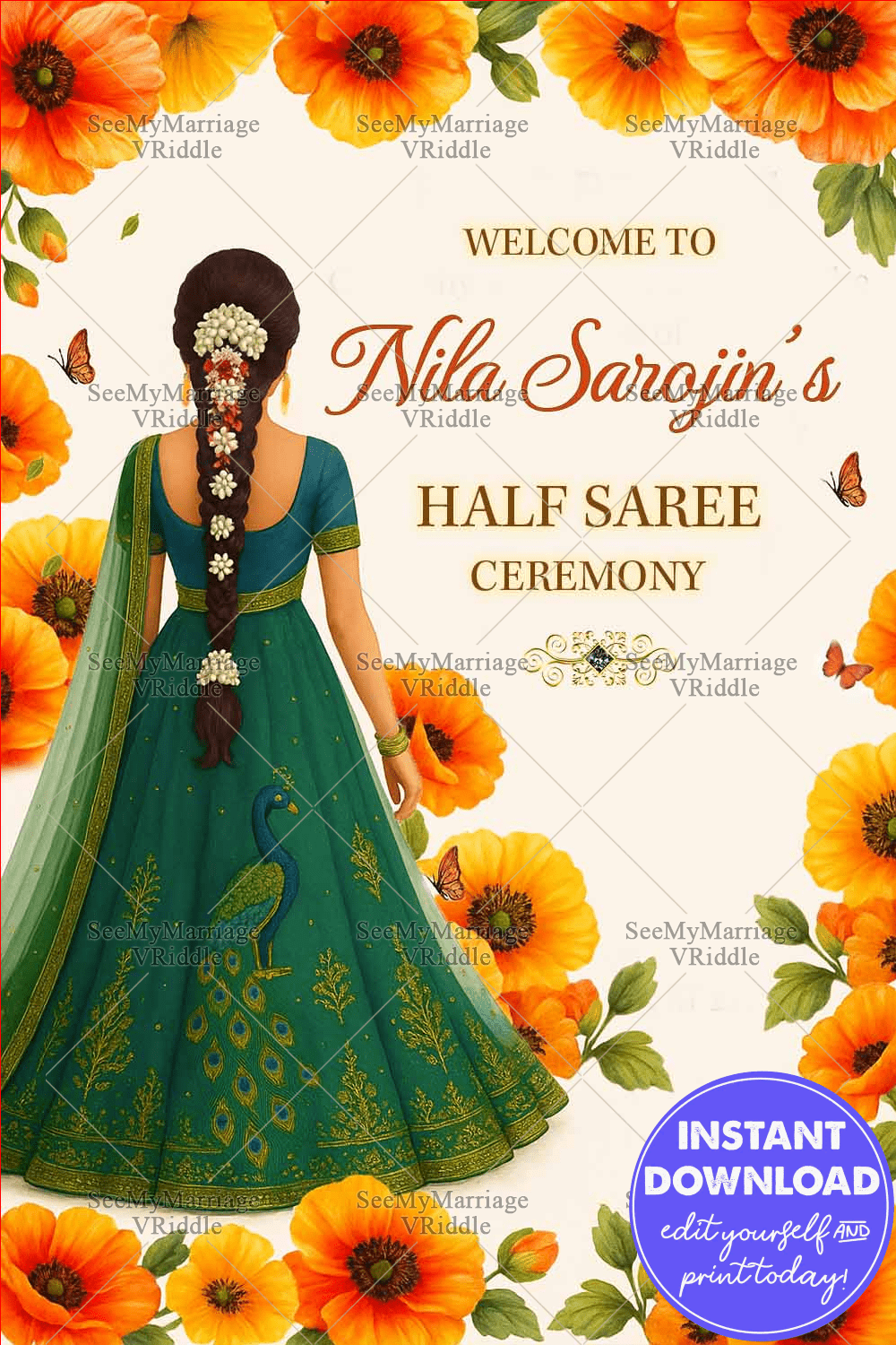Welcome Sign Board for Half Saree Ceremony – Featuring Traditional Girl, Orange Florals & Peacock Motif