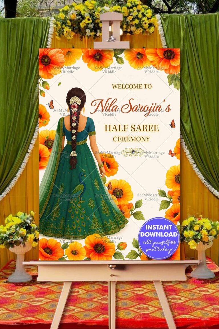 Welcome Sign Board for Half Saree Ceremony – Featuring Traditional Girl, Orange Florals & Peacock Motif