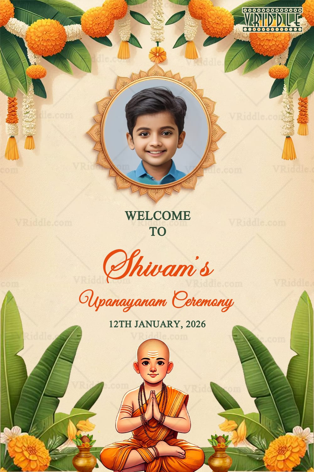 Welcome Sign Board for Upanayanam Invitation with Boy Portrait, Floral Garlands and Traditional Illustration