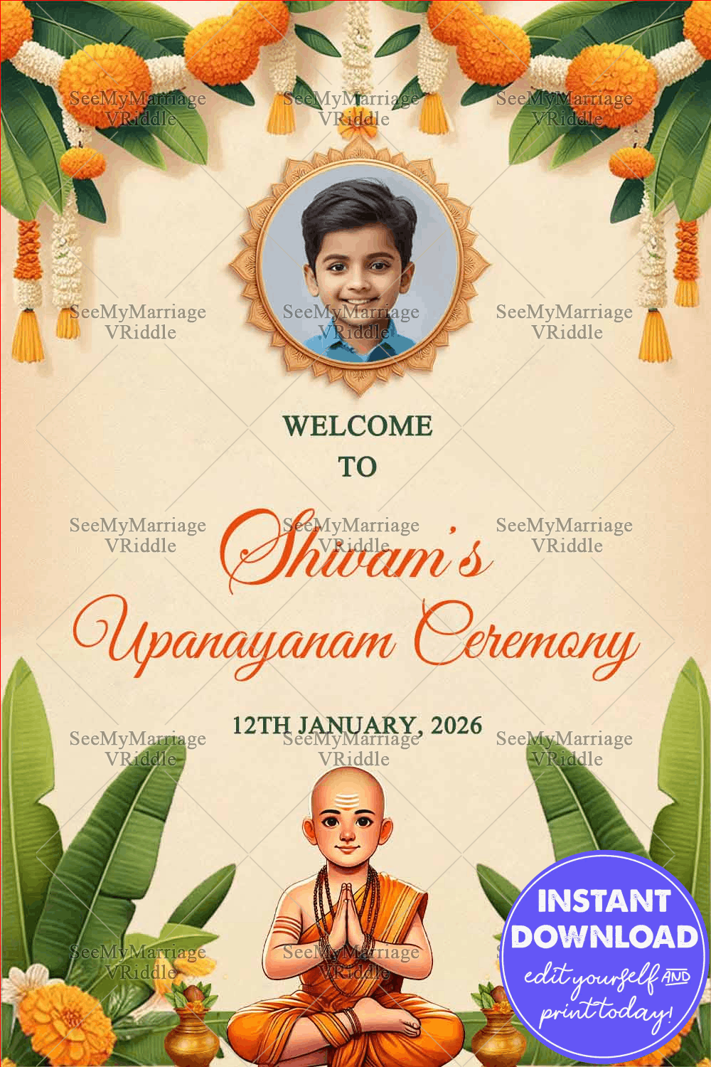 Welcome Sign Board for Upanayanam with Boy Portrait, Floral Garlands and Traditional Illustration