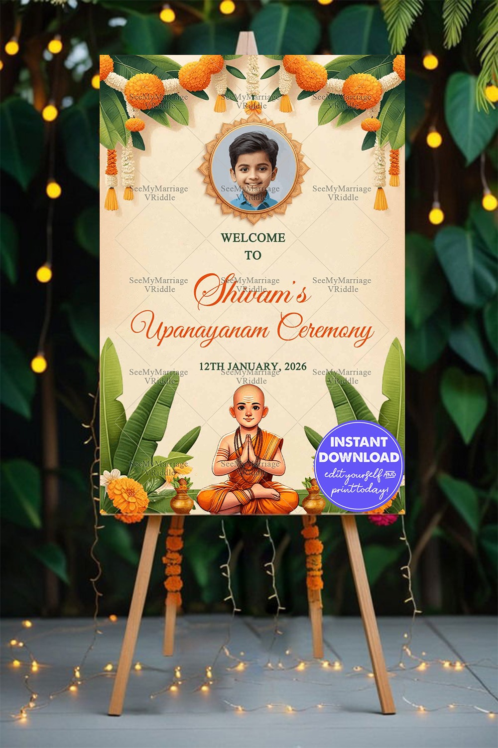 Welcome Sign Board for Upanayanam with Boy Portrait, Floral Garlands and Traditional Illustration