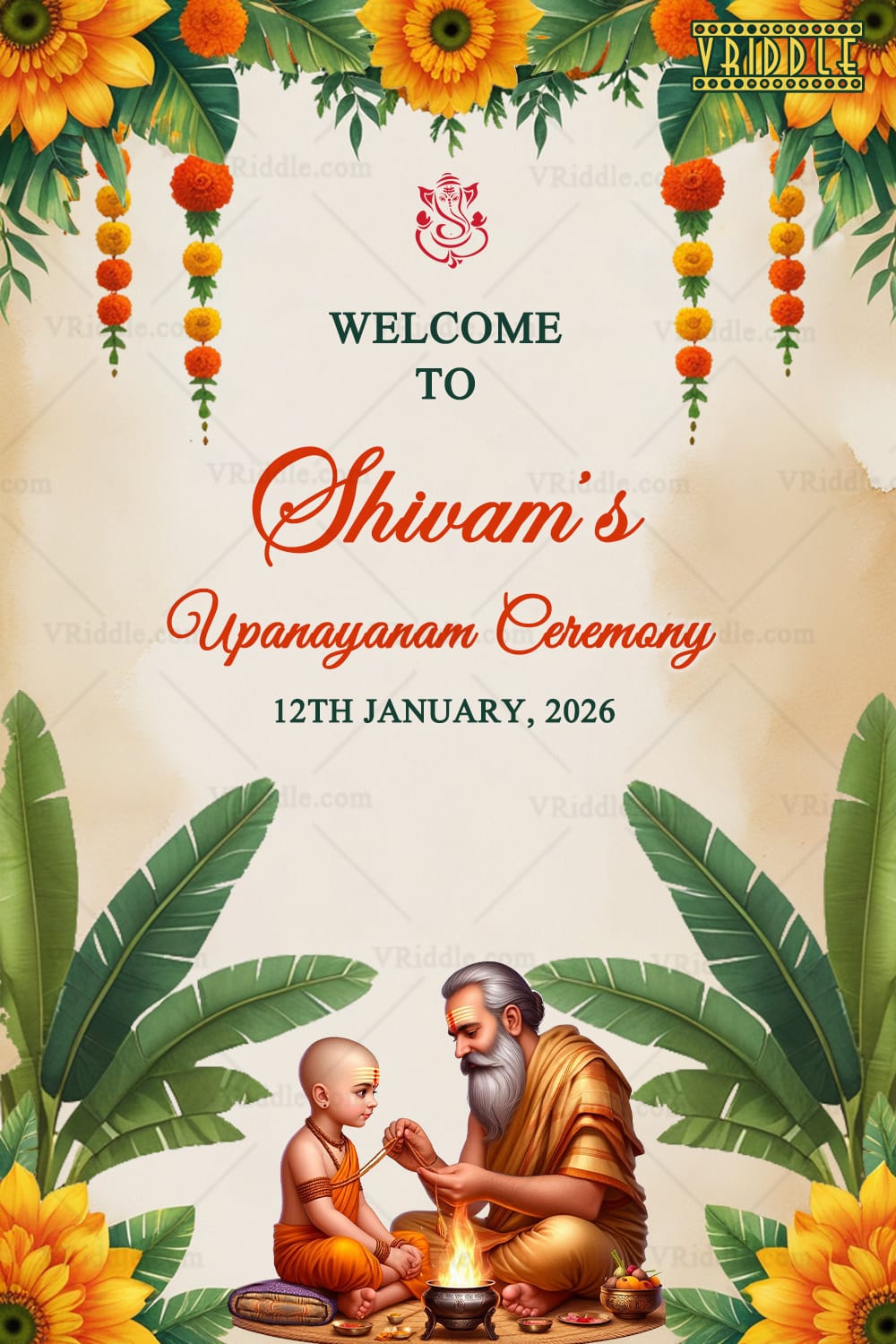 Welcome Sign Board for Upanayanam with Guru-Boy Ritual Illustration and Vedic Elements