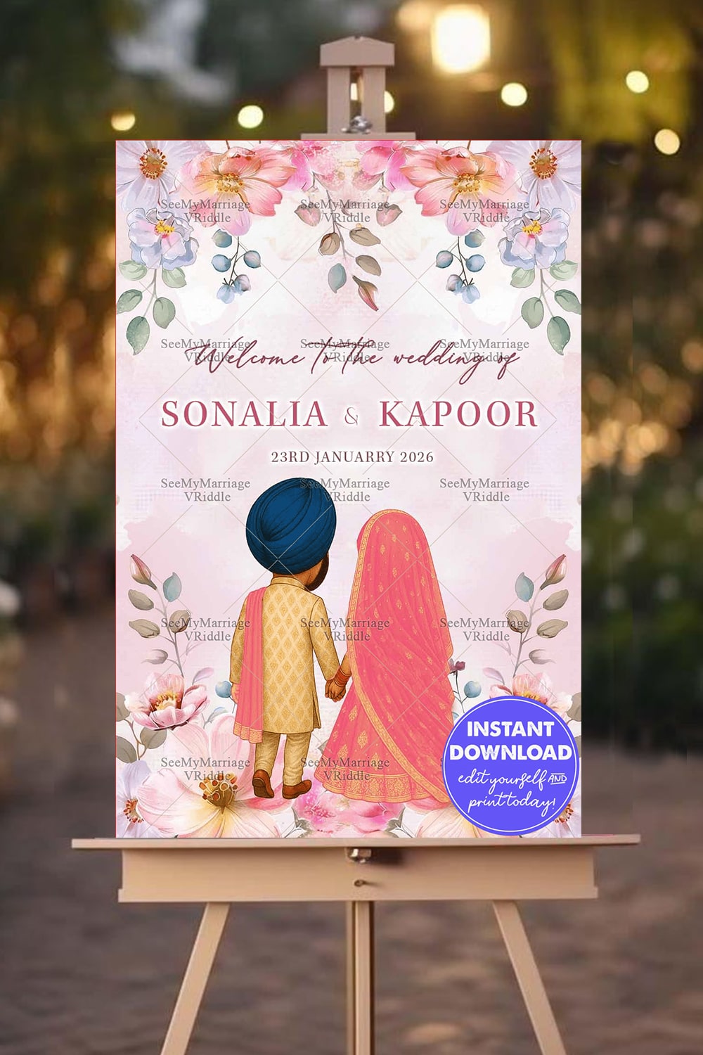 Welcome Sign Boards with Traditional Punjabi Couple Illustration in Pastel Floral Theme