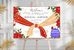 Welcome Sign Bord with Saree Knot Design in Traditional Red-Gold and Floral Accents