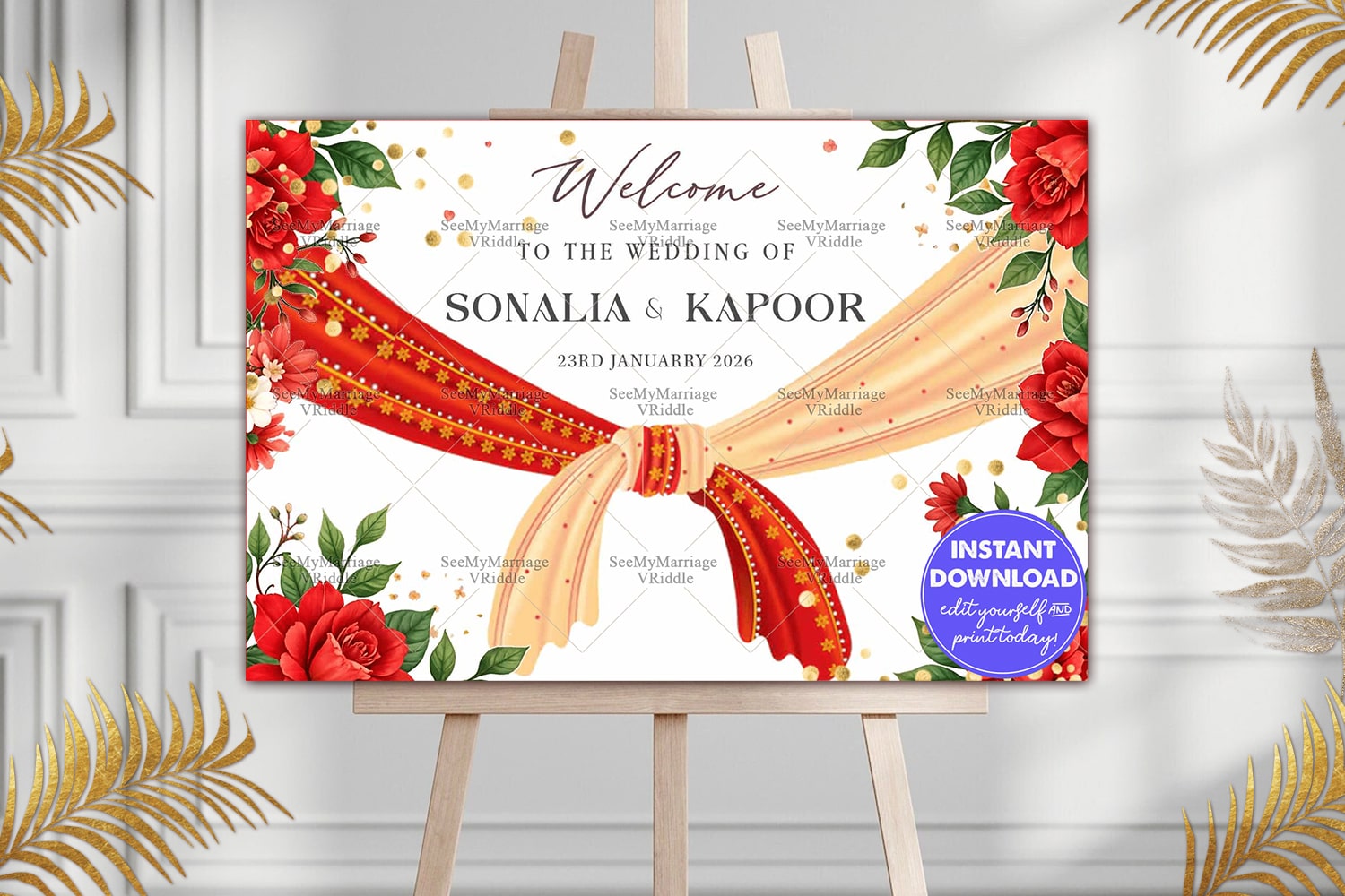 Welcome Sign Bord with Saree Knot Design in Traditional Red-Gold and Floral Accents