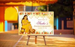 Haldi Bliss Ceremony Welcome Sign Board with Marigold and Floral decorations