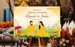 Couple in Yellow Bliss Maiyan Ceremony Welcome Sign Board with Floral Elements and Turmeric Decor