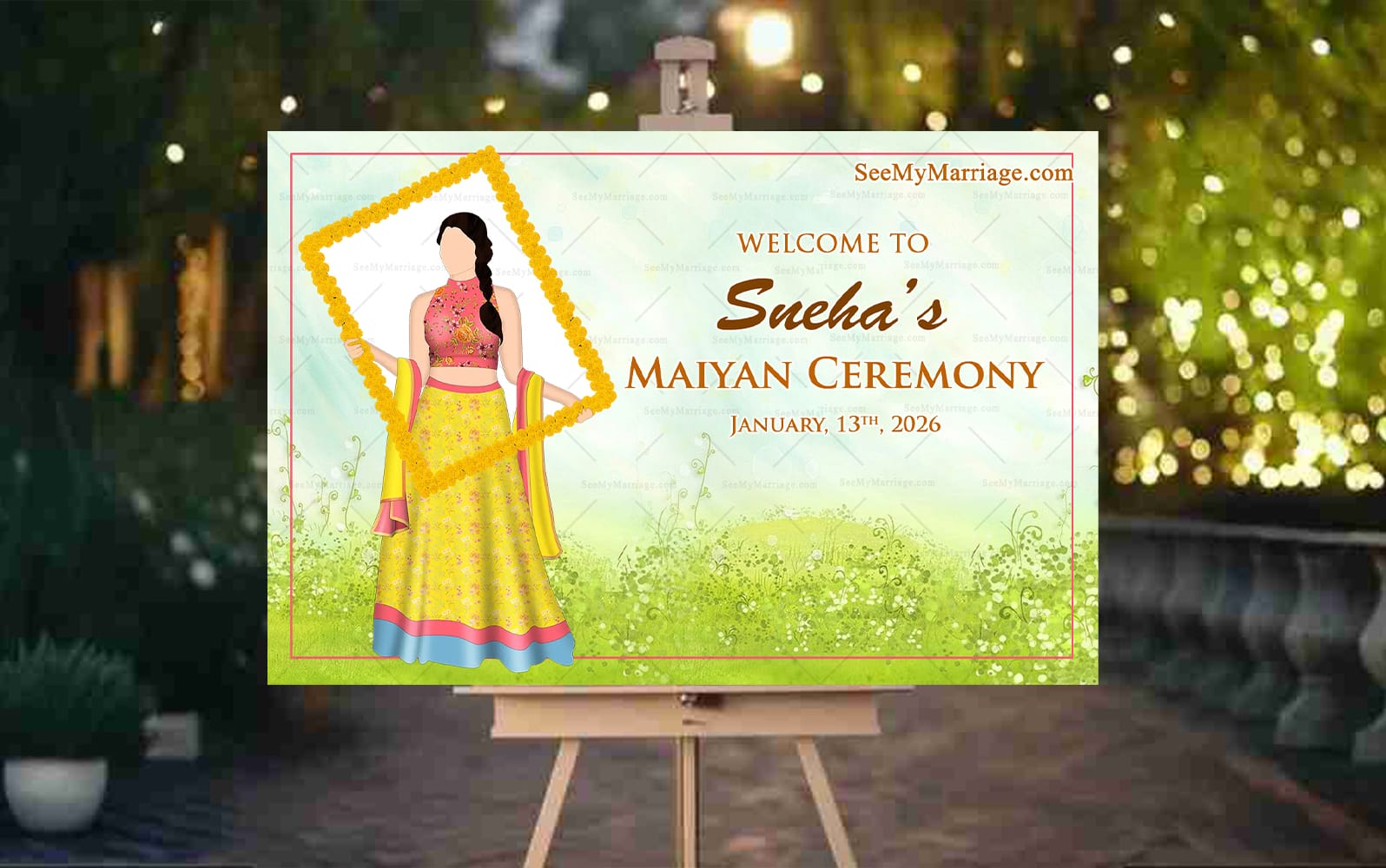 Maiyan Ceremony Welcome Sign Board with Bride Holding a Marigold Flower Frame and Meadow