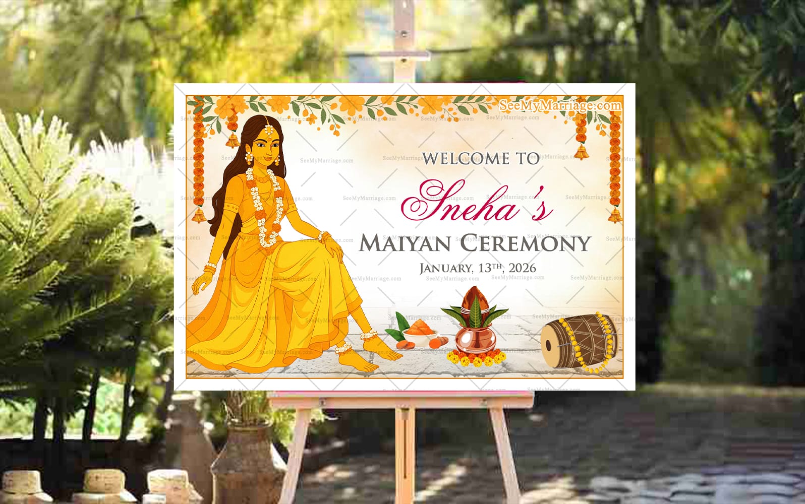 Maiyan Ceremony Bride Celebration Welcome Sign Board with Yellow-Clad Bride Illustration and Floral Decor