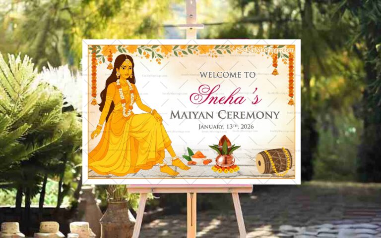 Maiyan Ceremony Bride Celebration Welcome Sign Board with Yellow-Clad Bride Illustration and Floral Decor