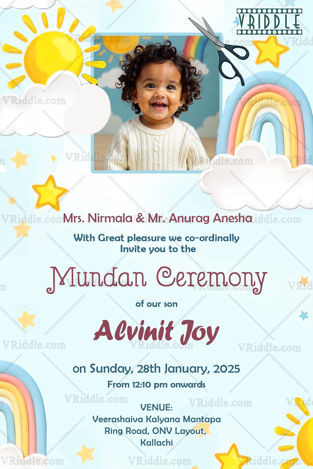 Whimsical Mundan Ceremony Invitation with Baby Photo and Pastel Rainbow Starry Sky Theme