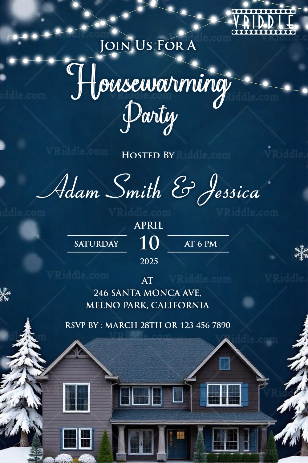 Winter Night Snow Themed Housewarming Party Invitation Western Style with Cozy Blue Charm