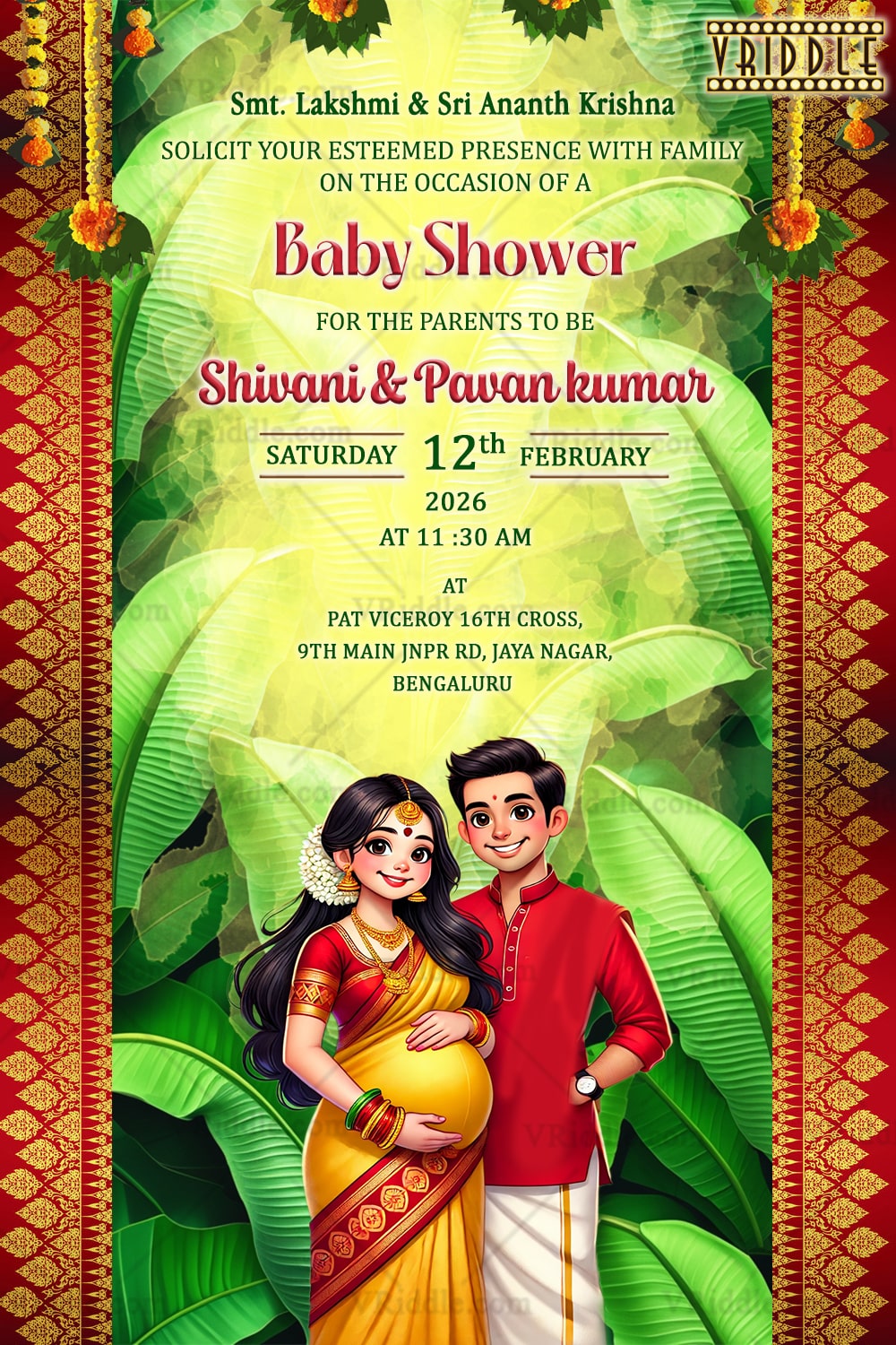 Traditional Baby Shower Invitation with Couple Illustration in Banana Leaf Theme