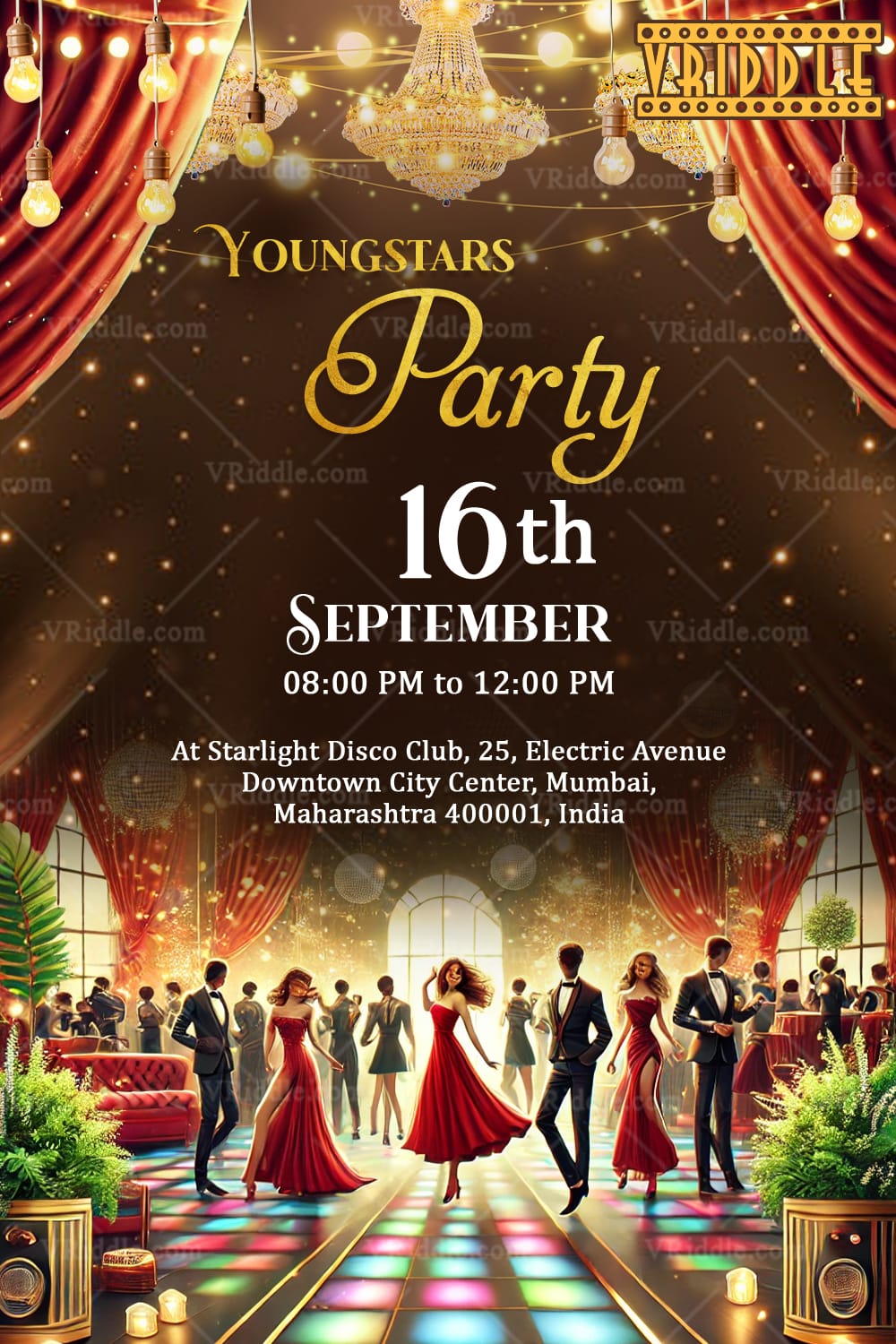 Youngstars Party Invitation Card with Dance Floor Lights and Dancing Crowd Illustration