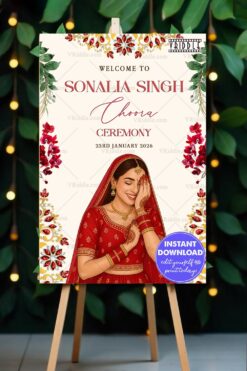 Floral Choora Ceremony Welcome Sign Board Bride Illustration with White Background and Red Accents