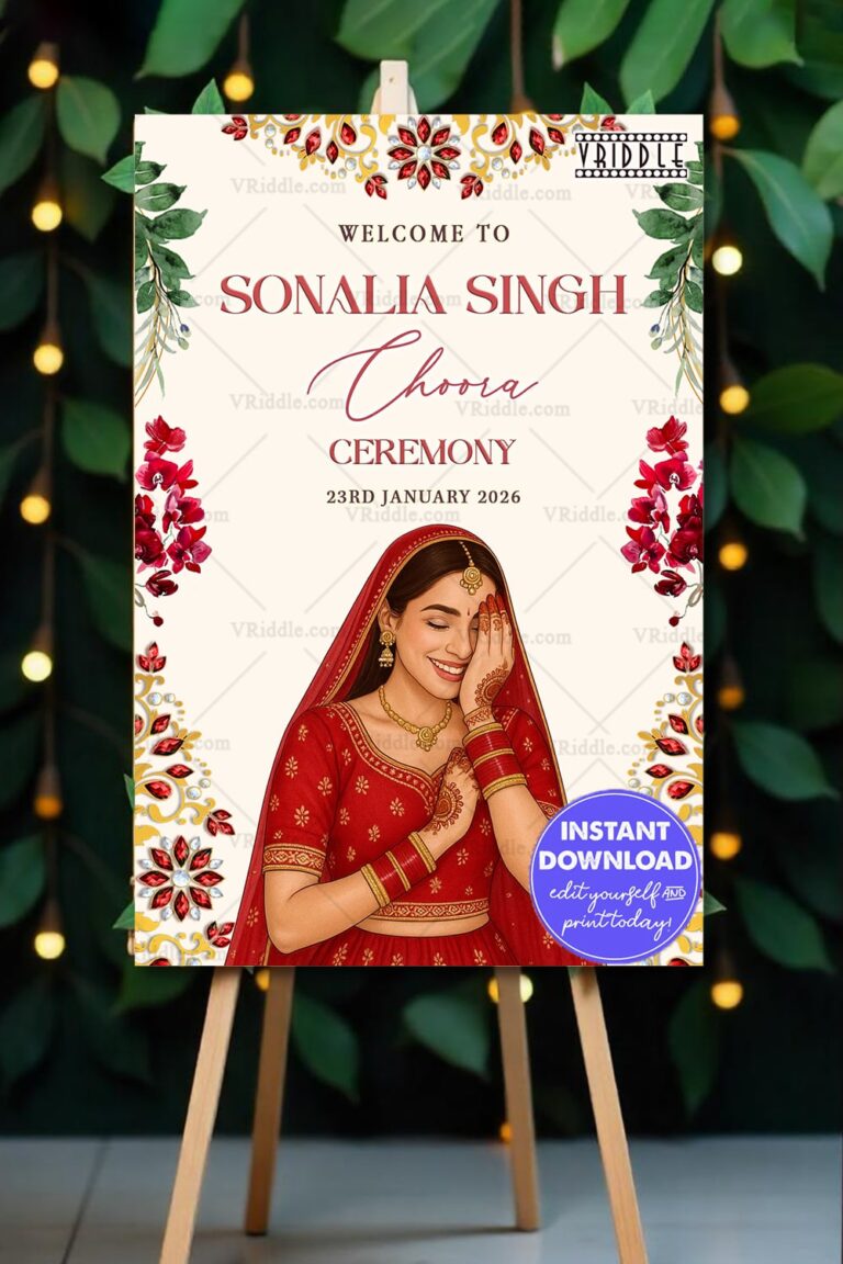 Floral Choora Ceremony Welcome Sign Board Bride Illustration with White Background and Red Accents