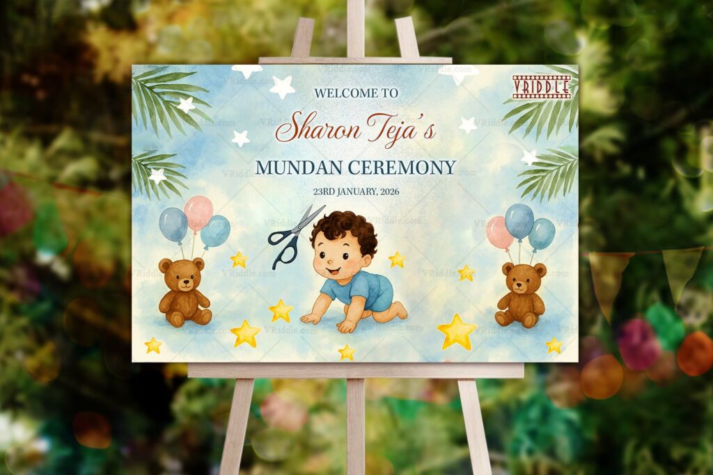 Mundan Ceremony Welcome Sign Board with Baby Illustration Teddy Bears in Watercolor Theme