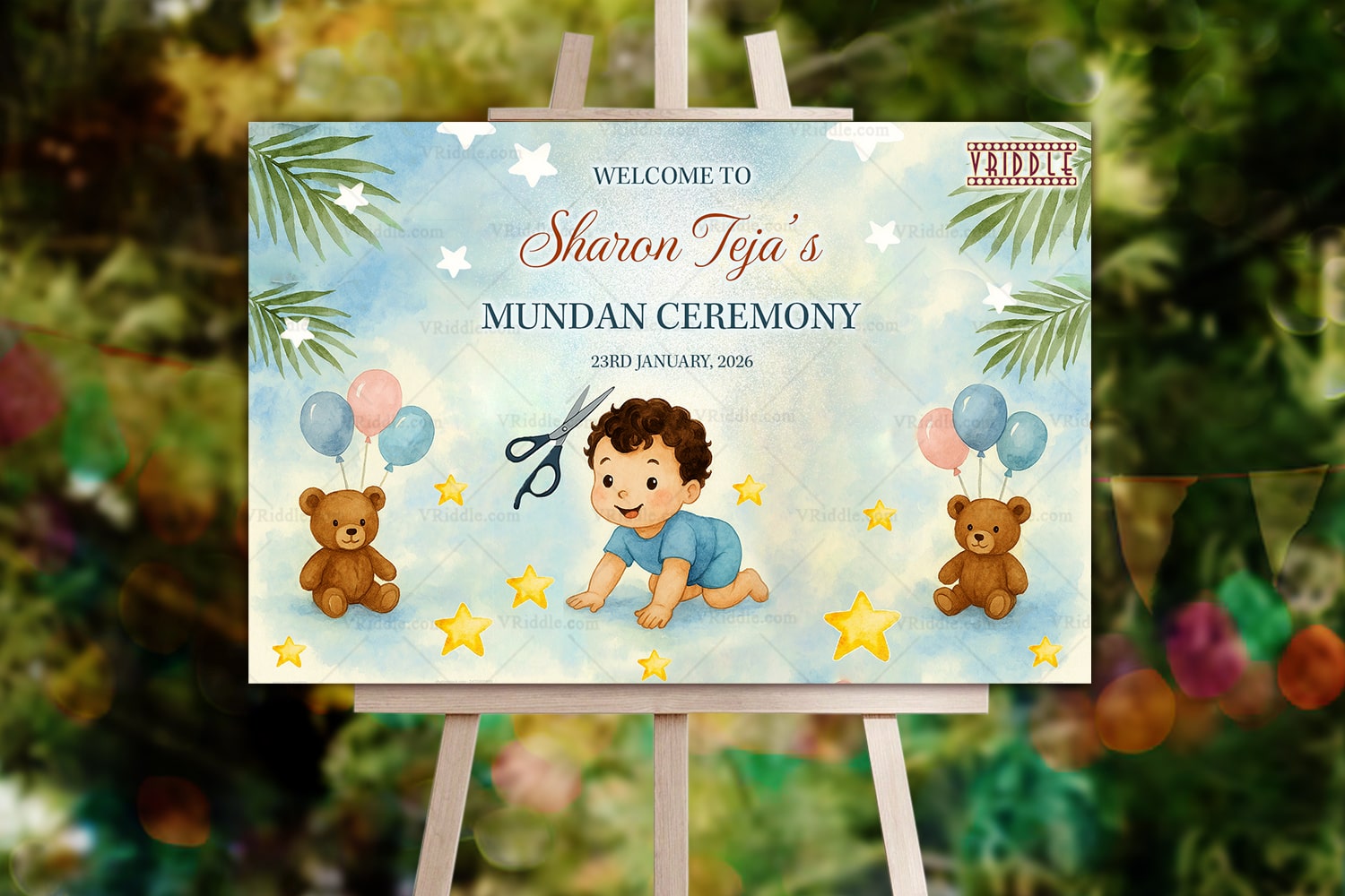 Mundan Ceremony Welcome Sign Board with Baby Illustration Teddy Bears in Watercolor Theme