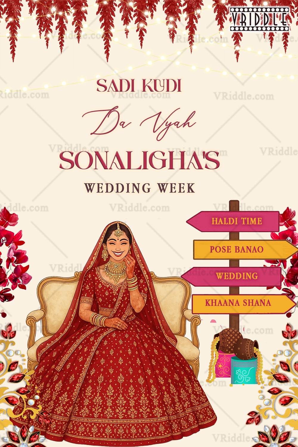 Punjabi Wedding Week Welcome Sign Board Bride Illustration with Event Details in Cream Background
