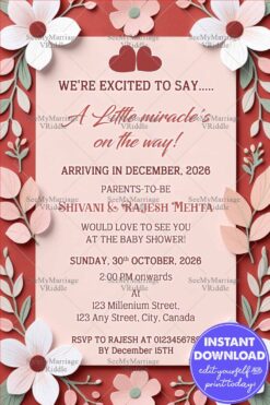 Blush Pink Pregnancy Announcement Card with Leaves and Flower Design